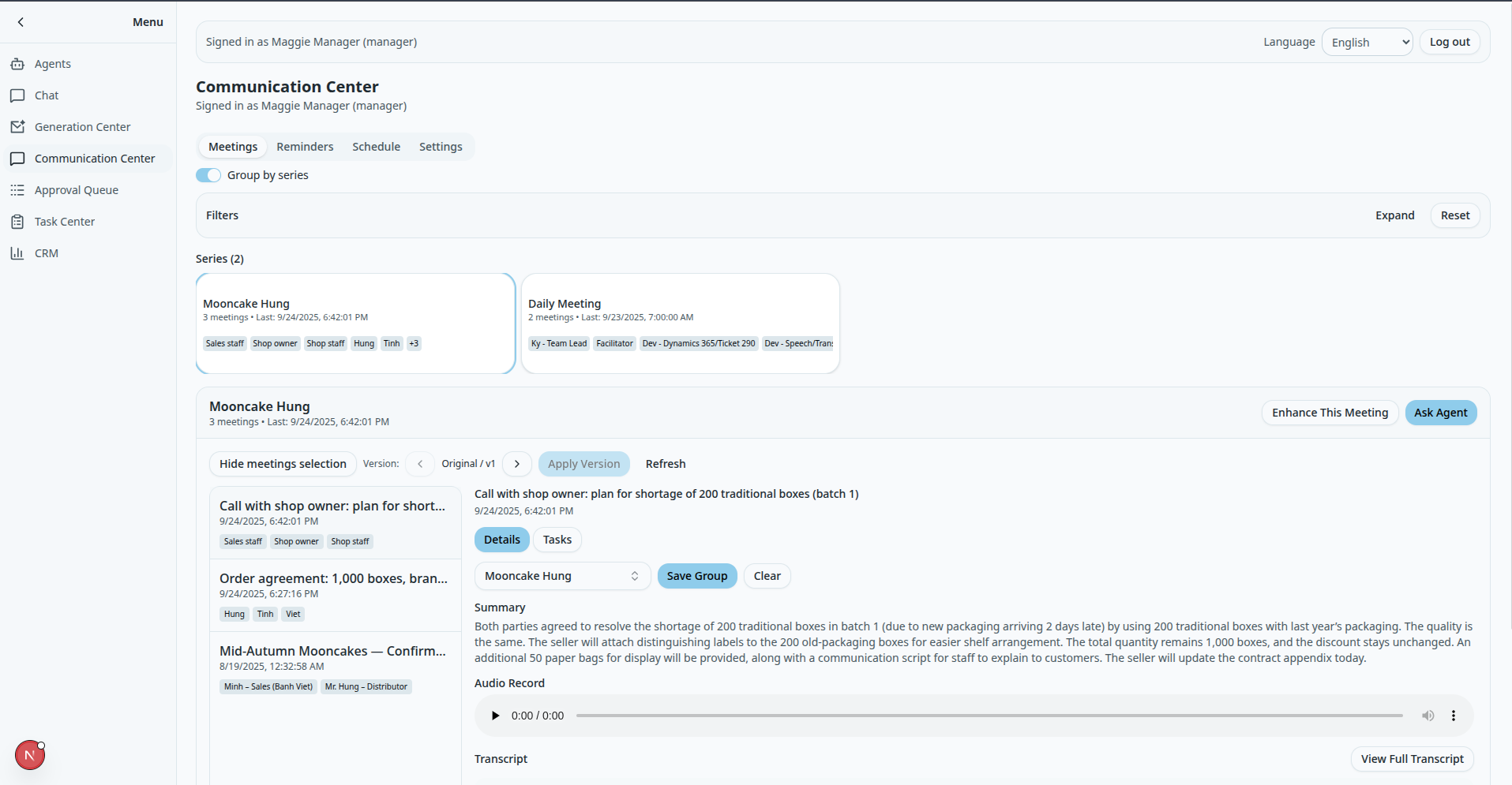 TMA Solutions Communication Center Meeting Interface